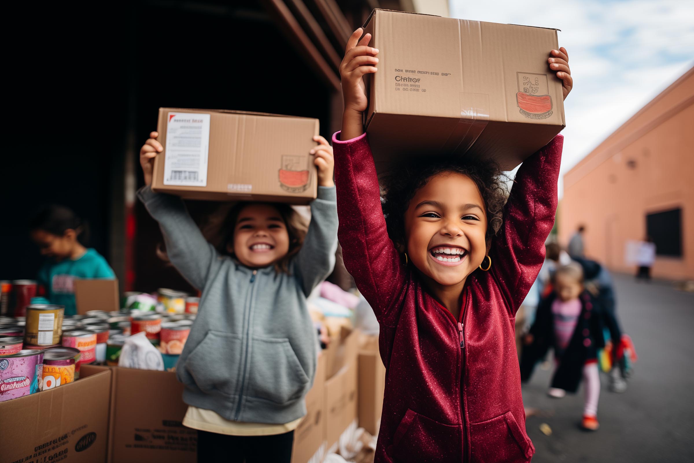 Children assisting in  clothes donation event and community food drive